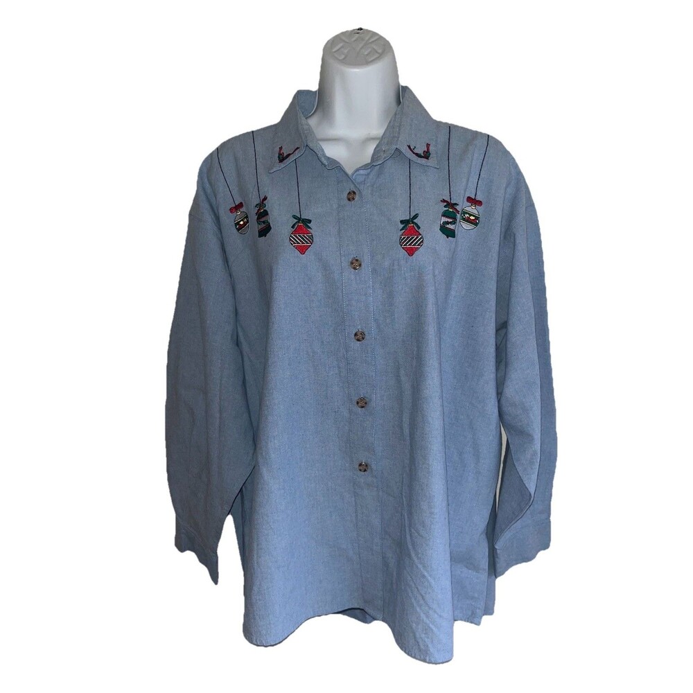 VTG Nutcracker Women's Sz 20 Christmas Ornament Embroidery Denim Shirt Festive